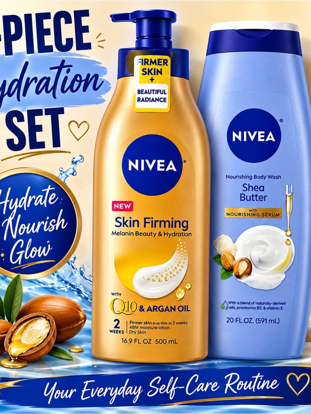Nivea Skin Firming Q10 Argan Oil Lotion & Shea Butter Body Wash Bundle